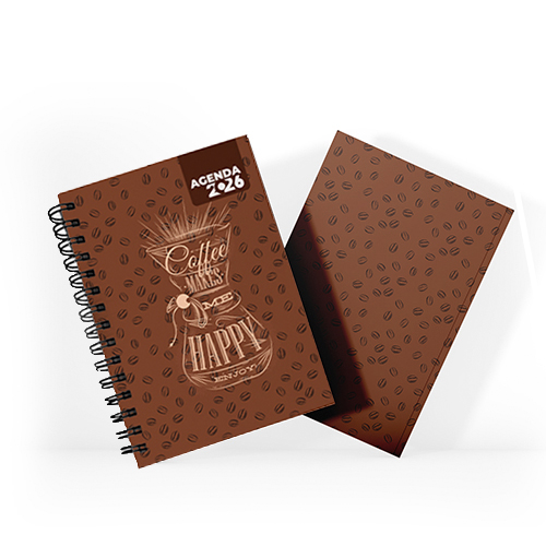 Agenda 2026 tamanho 15x21cm com capa dura em papel empastada com cartão e debrú laminação Prolan, lombada quadrada ou wire-o e miolo pronto